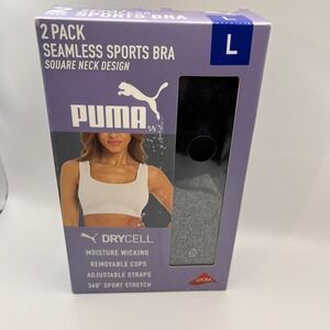 Puma Womens 2 Pk Seamless Sports Bra Square Neck Drycell Moisture Wicking Size L
